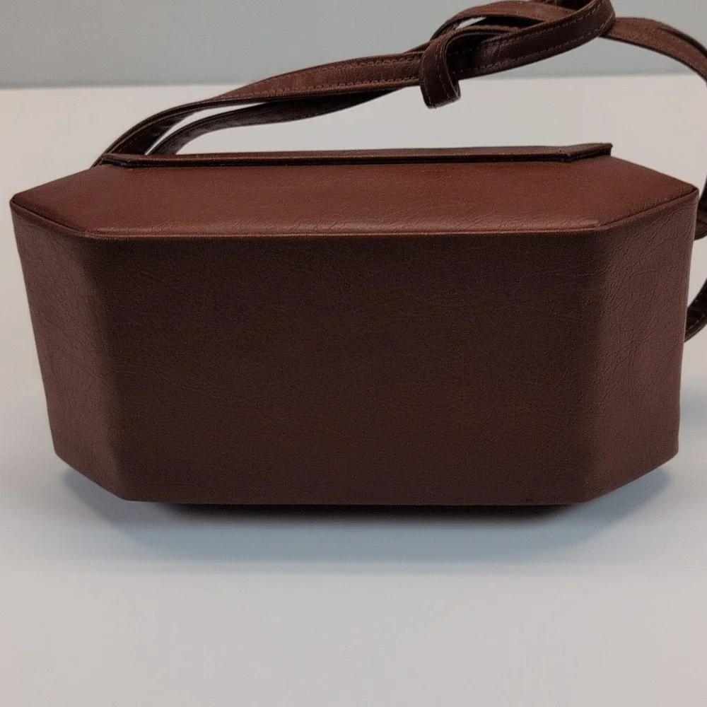Vintage Geometric Brown Travel Vanity Makeup Case w/ Mirror, 8x4x3 in.
